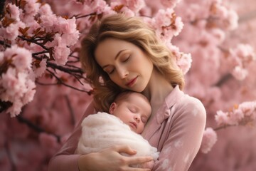 A woman with blond hair holds a child near a cherry blossom tree.