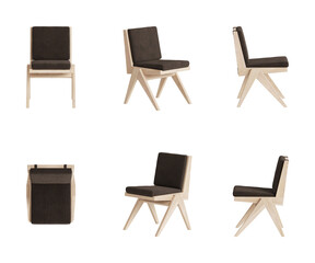 Set of six views of a chair with a light wooden body and legs, brown seat and back isolated on a transparent background. Front view, top view, two sides, two perspectives. 3d render