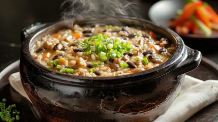 black spoon rice adorned with mushrooms and greens, elegantly presented on the table, with noodles arranged in a captivating photography style in the foreground.