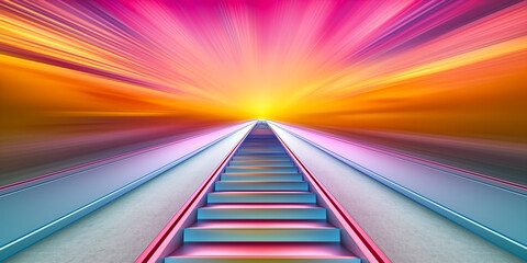 Staircase illuminated by radiant light trails ascending towards a bright future. Abstract rainbow neon background.