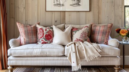 Handstitched cushions and throws adorn a bespoke sofa each detail chosen and personalized by the customer to perfectly match their home decor.