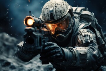 Fototapeta premium An astronaut takes aim with a rifle against a dark background of space.