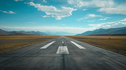 Wide, deserted runway stretches towards the horizon, flanked by expansive golden fields and distant mountains under a clear sky.
