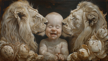 A painting of a baby surrounded by two lions