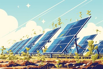Growing fresh vegetables and fruits next to fields with solar panels, eco generation, illustration
