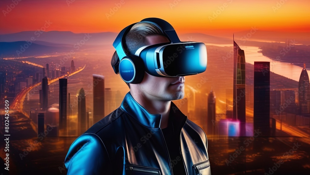 Poster man wearing virtual reality headset in front of city. generative ai