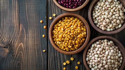 Various types of legumes, including yellow lentils, red beans, and white beans, are displayed in wooden bowls on a dark wood table.