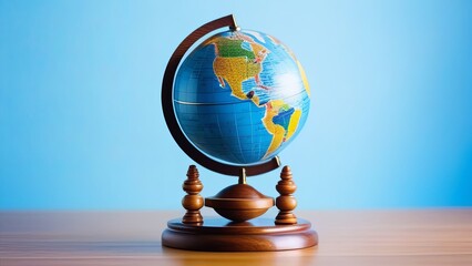 Small Globe on Wooden Stand on Table. Generative AI