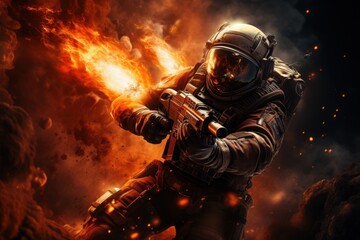 A soldier in a spacesuit and with a rifle stands in front of a fiery explosion in space. There is a black sky in the background and a fiery red and orange explosion to the left.