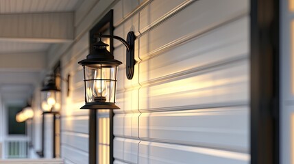 three sleek wall lights adorning the side porch, harmonizing in a chic white and black color scheme, captured in a stylish and contemporary photo.