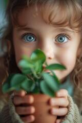 Little child holding plant. Generative AI
