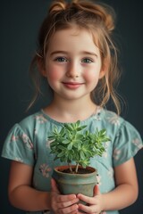 Little child holding plant. Generative AI