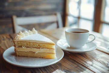 A slice of white cake with white frosting sits on a white plate next to a white cup of coffee. The plate and cup are on a wooden table.