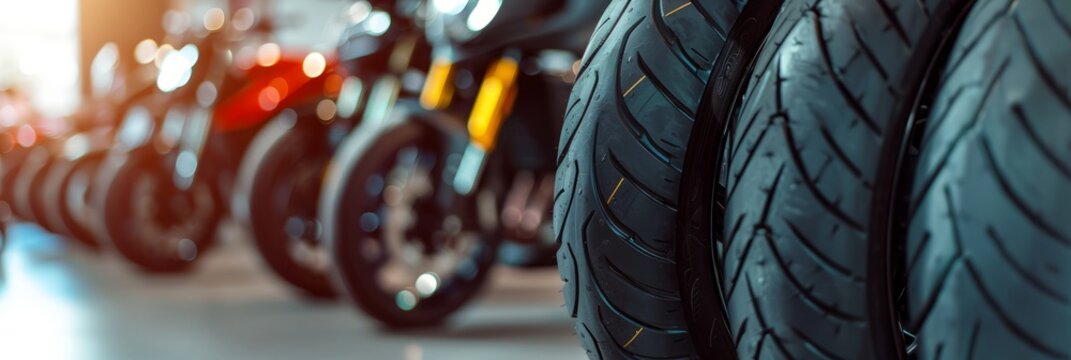 Stack of tires on background of motorcycles