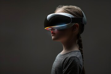 A young girl wearing a virtual reality headset with a black background.