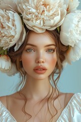 realistic Illustration of a beautiful woman with large peonies on her head. fashion beauty portrait, vertical