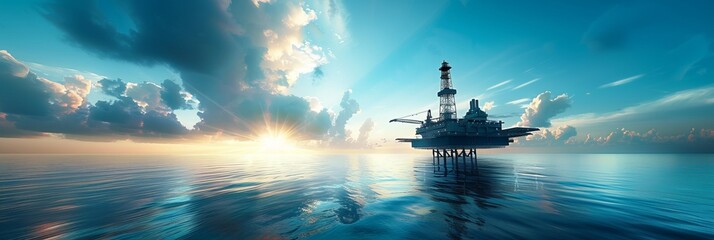 Obraz premium Offshore platform, oil and gas production in ocean or sea, gas and oil production industry, offshore drilling rig, banner