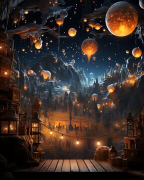 Magical stock image of a child s bedroom where toys come to life under the night sky, creating a scene of whimsy and childlike wonder