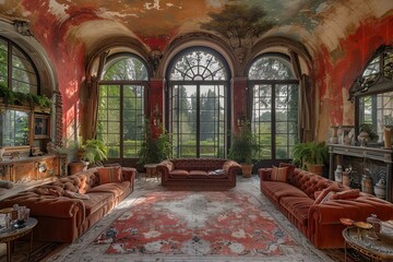 Grand living room with a high vaulted ceiling and walls painted in a dramatic mural,