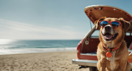 Dog with sunglasses sitting in van by the beach