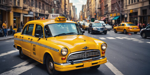 a classic yellow taxi, adorned with iconic checkered detailing, navigating through the bustling streets of a city. The taxi’s vintage design contrasts beautifully with the modern urban backdrop
