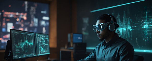 Man with VR headset works at dual monitor setup