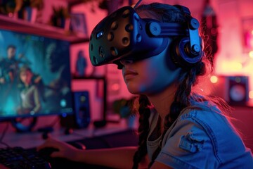 A girl wearing a virtual reality headset and playing a video game on a computer.