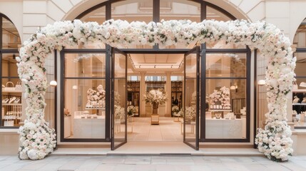 the store blooms with grandeur, adorned with towering arches of large peonies and pink roses reaching three meters in height.