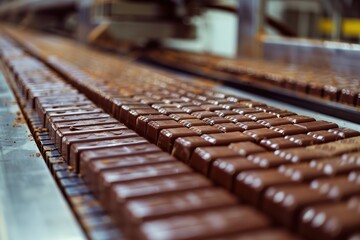 Sweet chocolate bars on a conveyor belt at factory