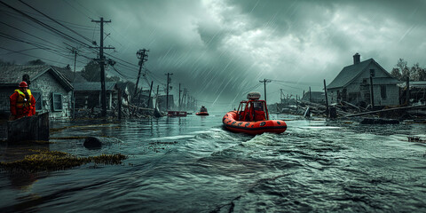 Rescue Team Navigating Flooded Waters. Flood consequences. Concept climat change.