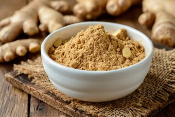 Ground dry ginger in bowl on wooden background