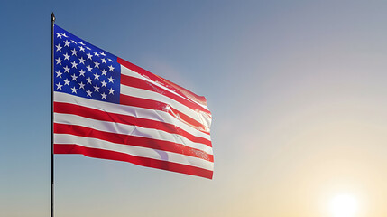 Representation of American flag blowing in wind with background of sky and sunlight falling.