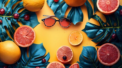 Colorful Summer Vibes Featuring Citrus Fruits on a Bright Yellow Background, Perfect for Seasonal Advertisements