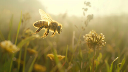 Honeybee Mid-Flight Among Wildflowers