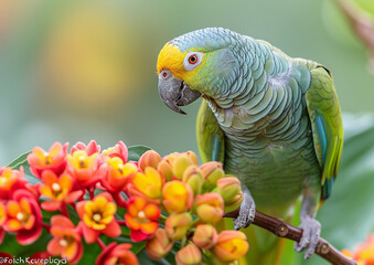 Vibrant Parrot Amidst Tropical Blooms