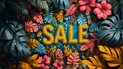 Colorful Tropical Leaves Surrounding a Bold Sale Sign for Vibrant Marketing Campaigns and Promotions