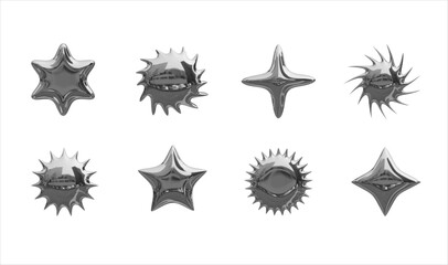 3D Liquid Metal Elements. Set of stylish trendy metal shapes on a transparent background. Isolated set of 8 figures of different silver stars in the style of the 2000s or Y2K