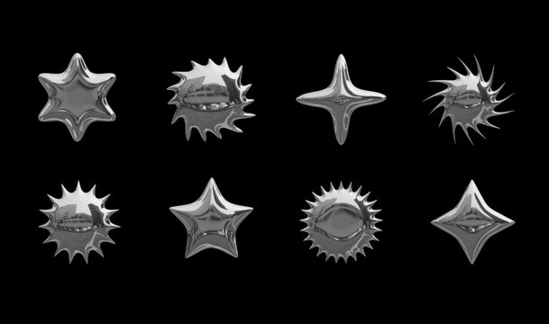3D Liquid Metal Elements. Set of stylish trendy metal shapes on a black background. set of 8 figures of different silver stars in the style of the 2000s or Y2K