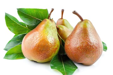 Red pears with green leafs on white background