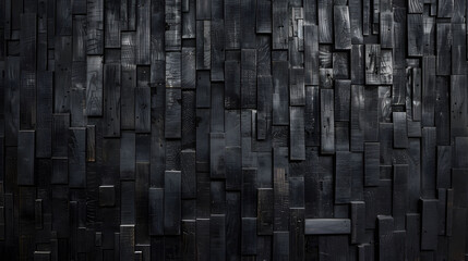 Black textured 3D wall with varying rectangular blocks. Abstract and modern design concept for architectural and interior backgrounds