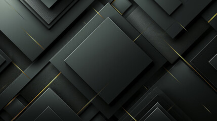 Black background with gold lines, geometric shapes, highend texture, dark symmetrical layout, 3D rendering effect, modern style, abstract design elements,