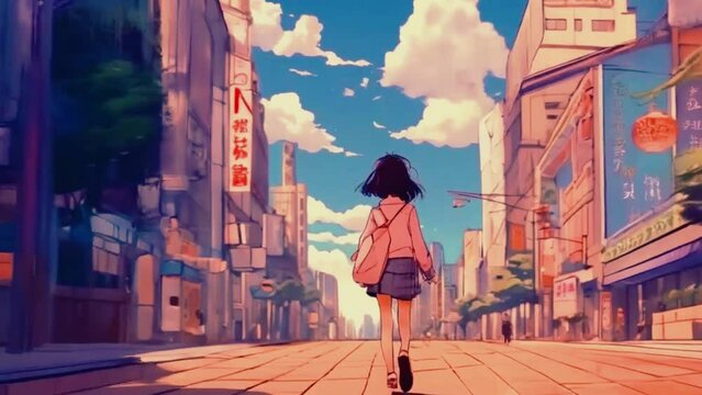 Lofi Girl walking through a bustling city street, with soft city sounds and distant chatter enhancing the ambiance, cute Lofi animation