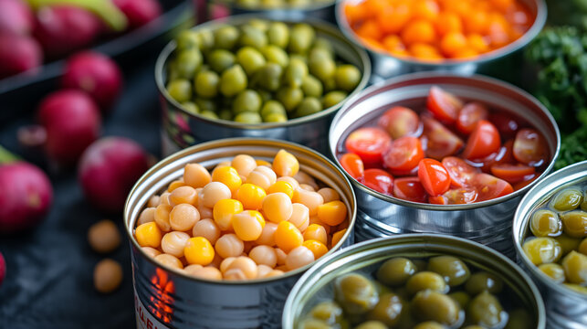 Assortment of canned vegetables including peas, chickpeas, and cherry tomatoes, neatly presented on a dark surface.