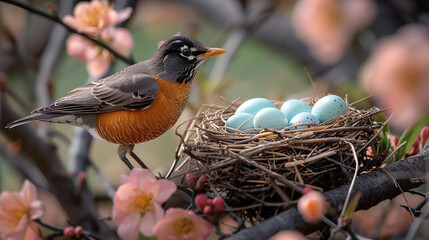 American Robin Guarding Nest with Eggs