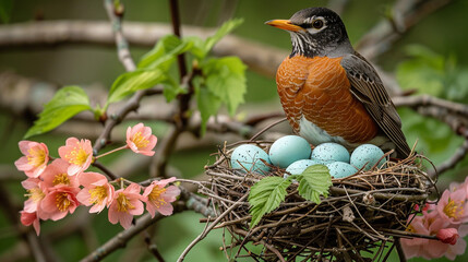 American Robin Guarding Nest with Blue Eggs