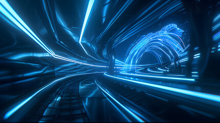Futuristic blue light tunnel with dynamic speed lines. Conceptual background for virtual reality and high-speed technology themes