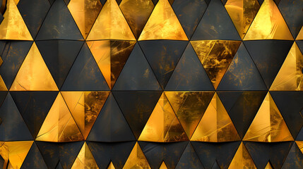 Black and gold geometric pattern on a triangular faceted surface. Luxurious background for elegant interior design and decorative concepts