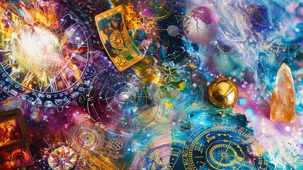 Abstract art collage of astrological tools, featuring overlaid images of tarot cards, celestial charts, zodiac symbols, and crystal balls with vibrant, surreal colors