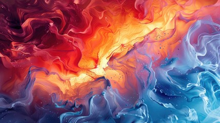 Bold strokes of fiery reds and oranges colliding with icy blues and purples, creating a dramatic abstract composition that ignites the imagination.