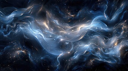 Delicate tendrils of silver light dancing across a tapestry of midnight blues and velvety blacks, creating an abstract cosmic symphony that resonates with the soul.